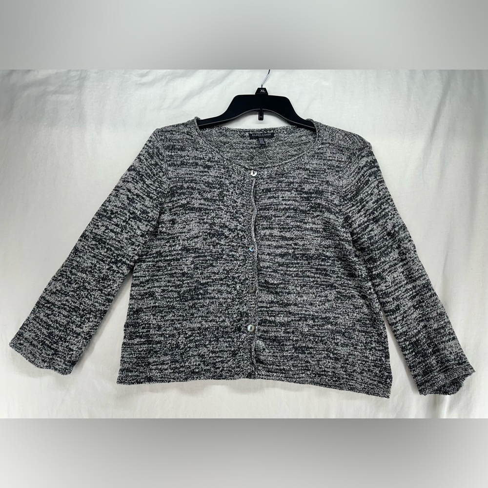 Eileen Fisher Long Sleeve Button Front Cardigan Gray Pockets 100% Silk Petite M